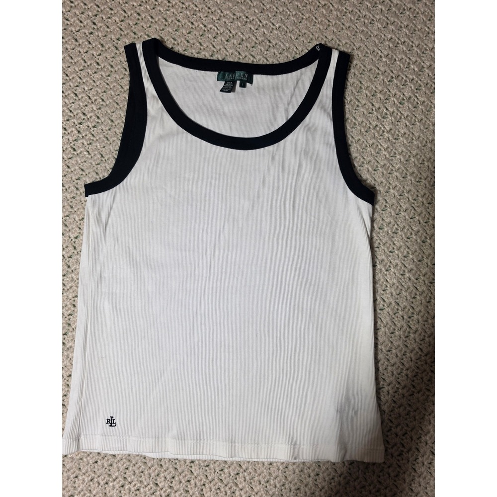 Lauren Ralph Lauren Tank Top Women Large White Excellent Ribbed Ringer LRL Logo